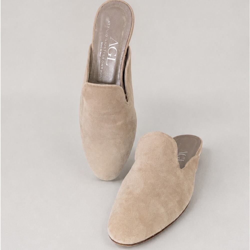 AGL Leather Sandals Womens EU38/US 7 Nude Almond Toe Flat Mule Italy